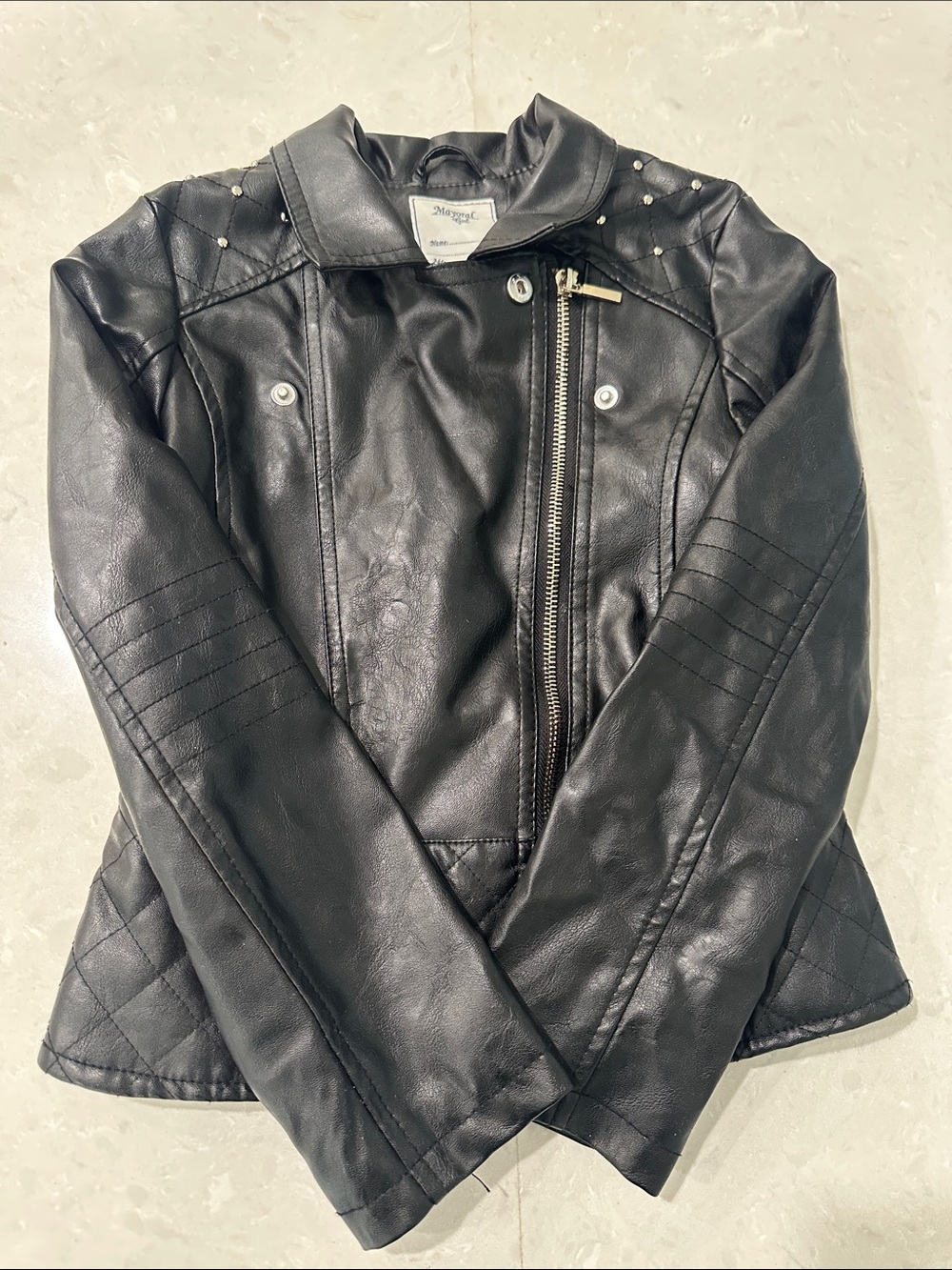Kids 8 Mayoral Black Faux Leather Moto Jacket with Stud Accents